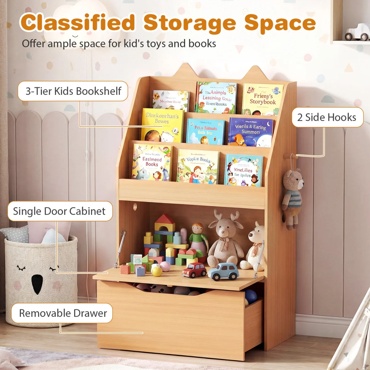 Toddler Book Rack with Movable Storage Drawer - Natural – image 11