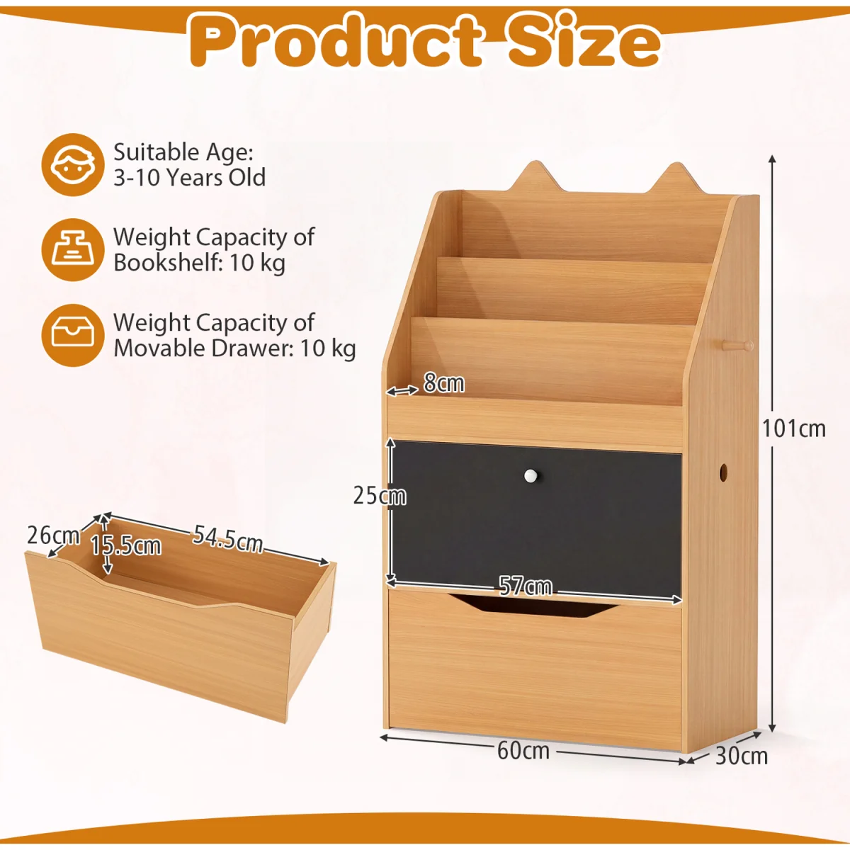 Toddler Book Rack with Movable Storage Drawer - Natural – image 3