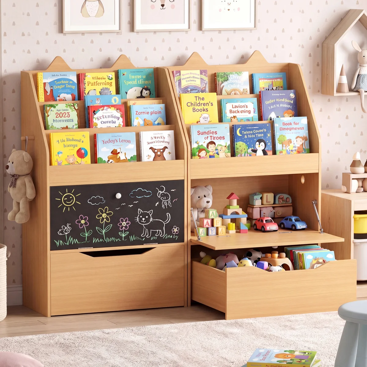 Toddler Book Rack with Movable Storage Drawer - Natural – image 4