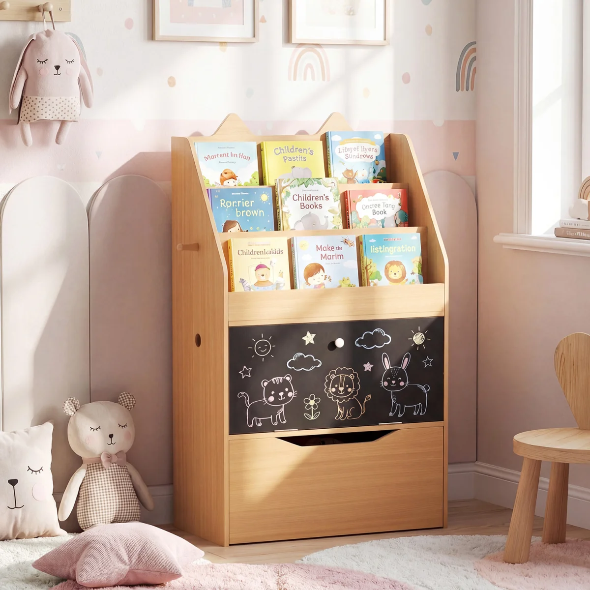 Toddler Book Rack with Movable Storage Drawer - Natural – image 5
