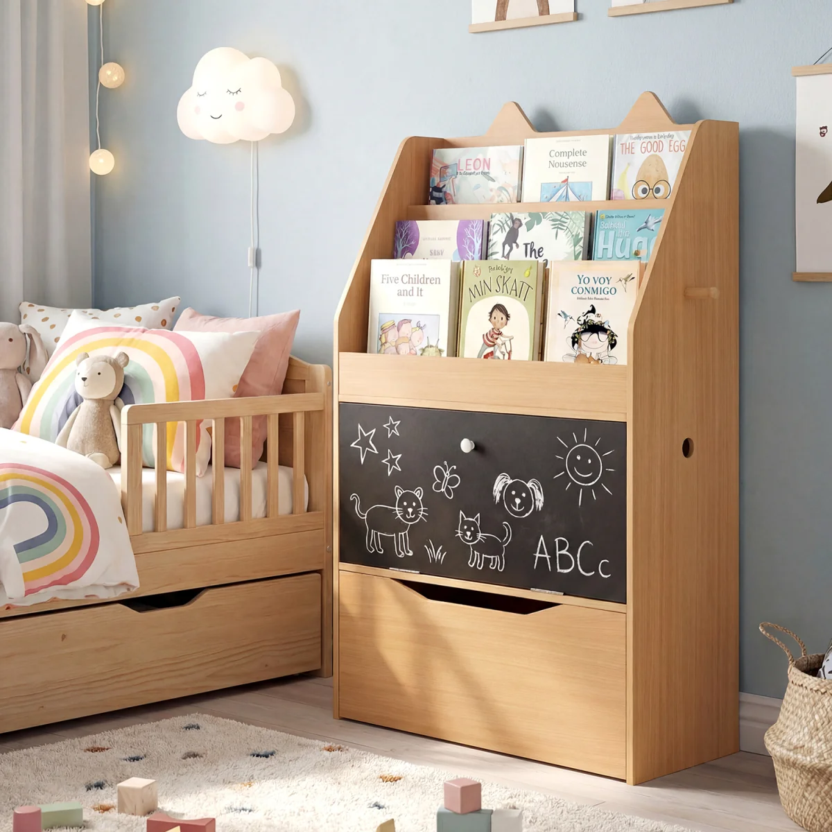 Toddler Book Rack with Movable Storage Drawer - Natural – image 6