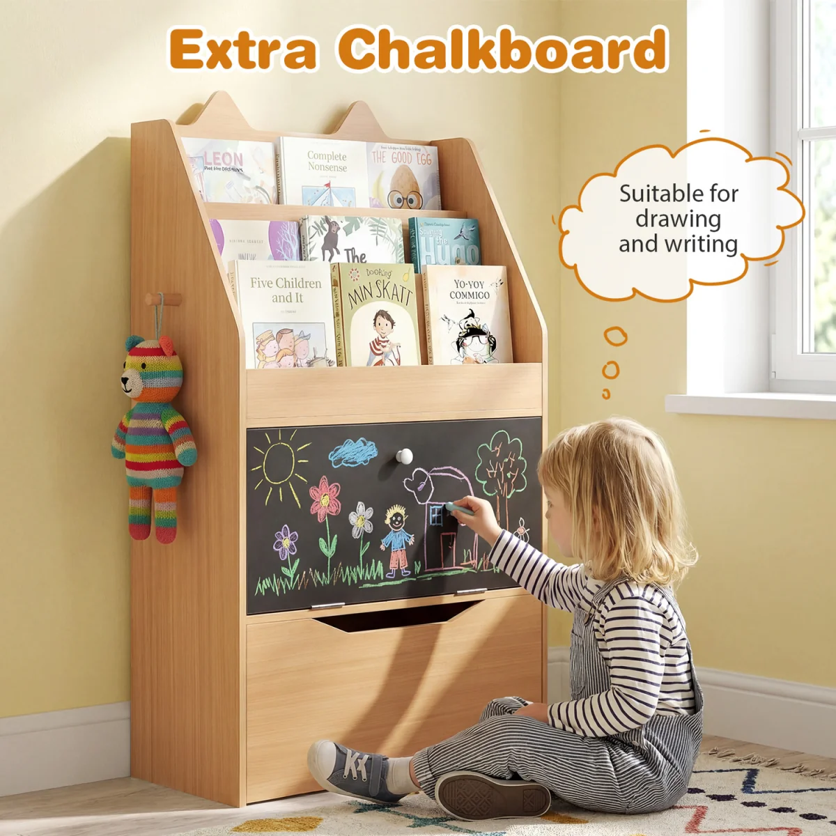 Toddler Book Rack with Movable Storage Drawer - Natural – image 8