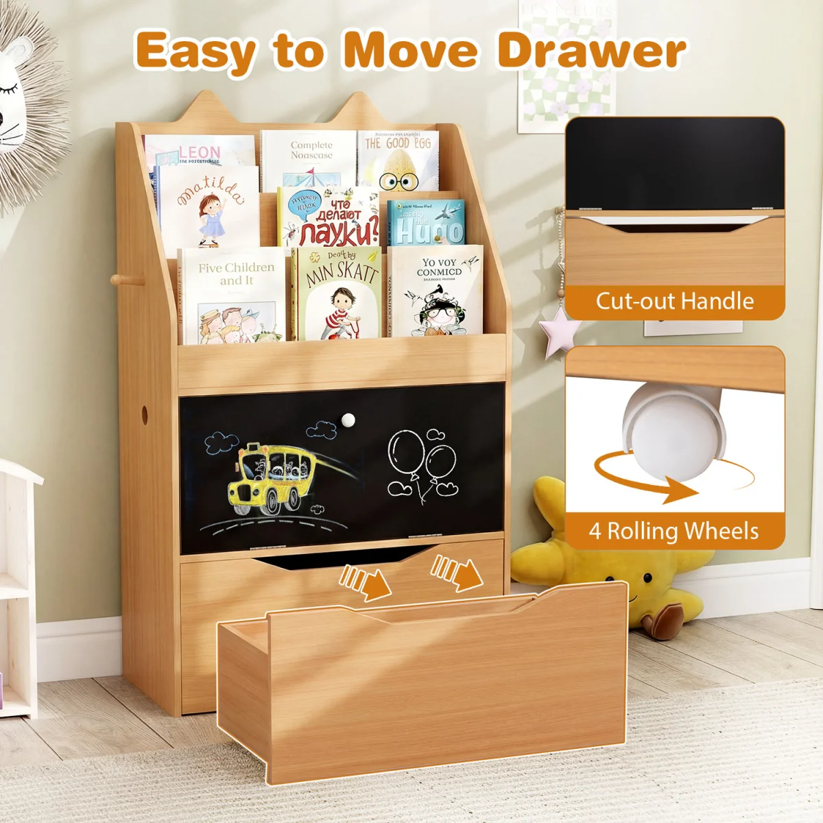 Toddler Book Rack with Movable Storage Drawer - Natural – image 9