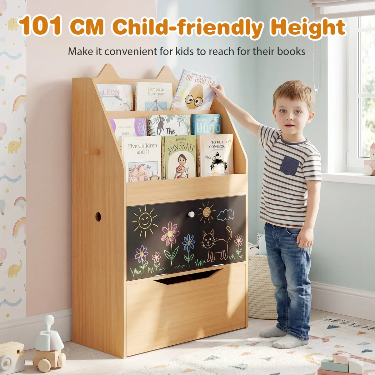 Toddler Book Rack with Movable Storage Drawer - Natural – image 10