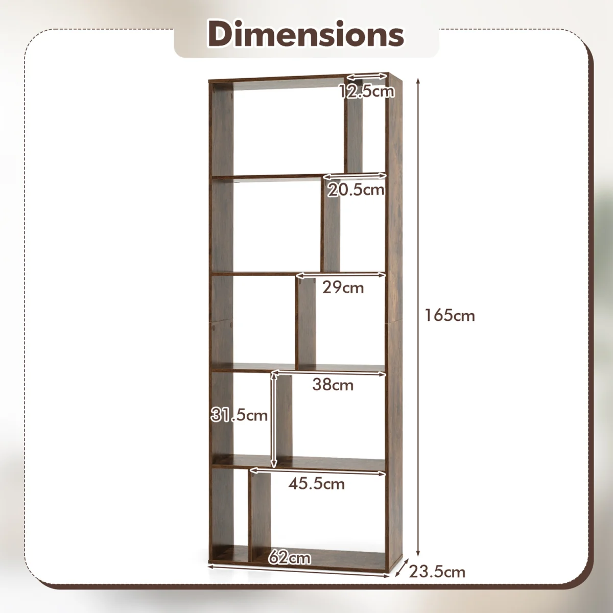5 Tier Geometric Bookshelf - Rustic Brown – image 3