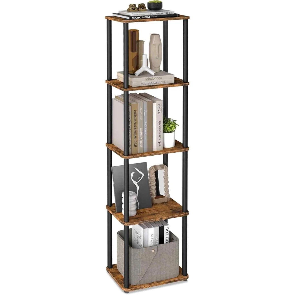 5 Tier Storage Shelf Tool Free Assembly, Brown & Black - Rustic Brown, Ink Black – image 2