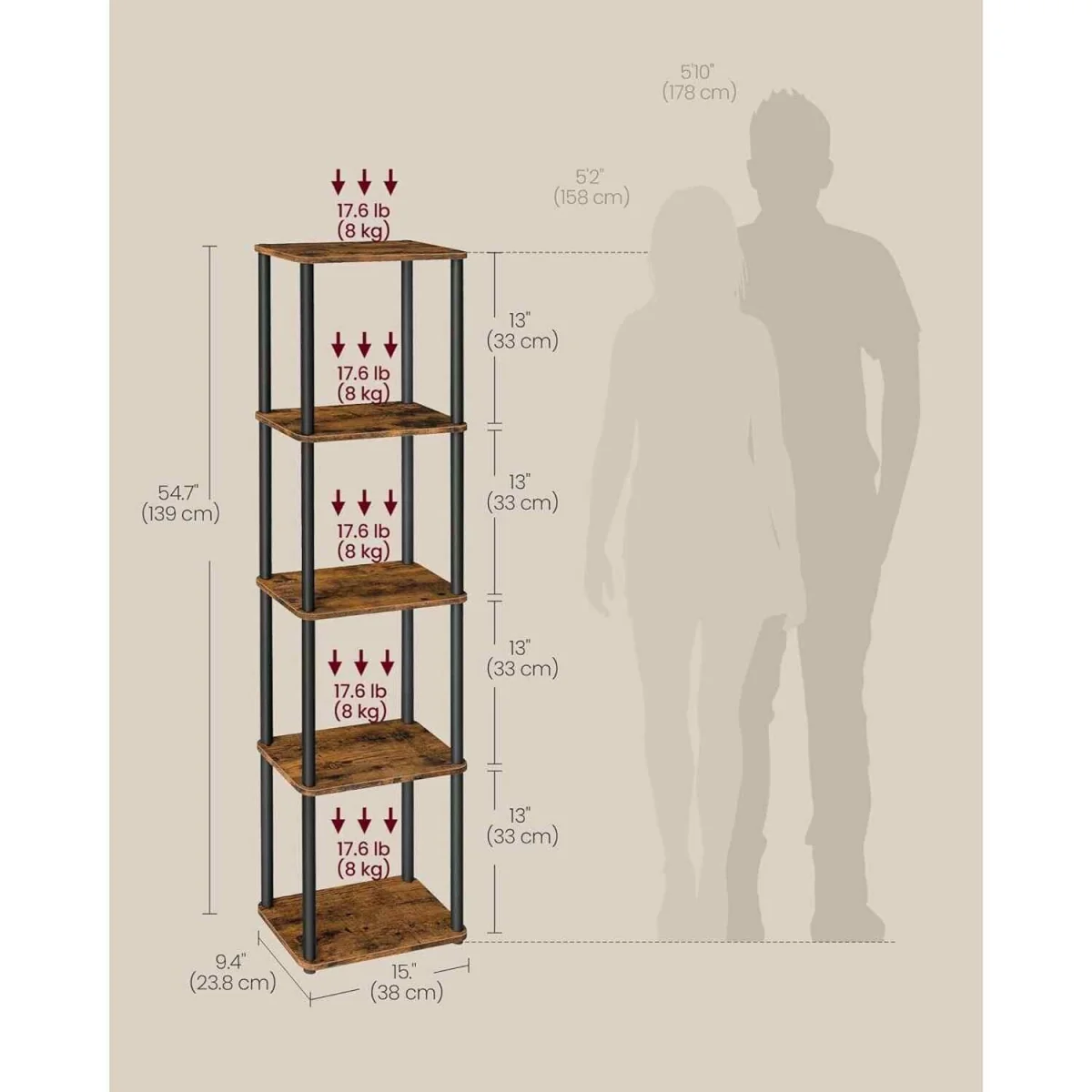 5 Tier Storage Shelf Tool Free Assembly, Brown & Black - Rustic Brown, Ink Black – image 3