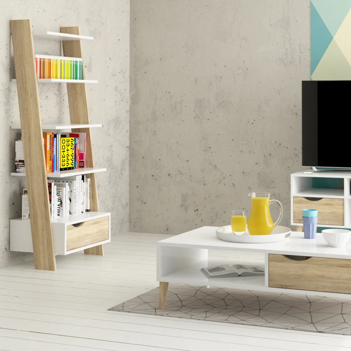 Oslo Leaning Bookcase 1 Drawer in White and Oak - White & Oak – image 5