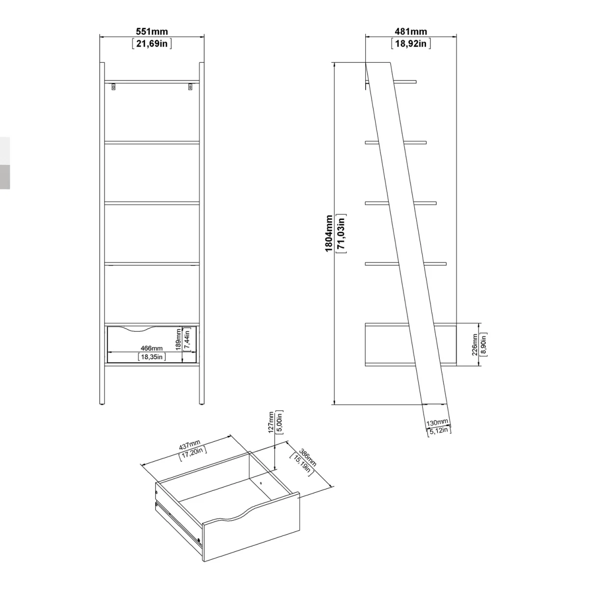 Oslo Leaning Bookcase 1 Drawer in White and Oak - White & Oak – image 8