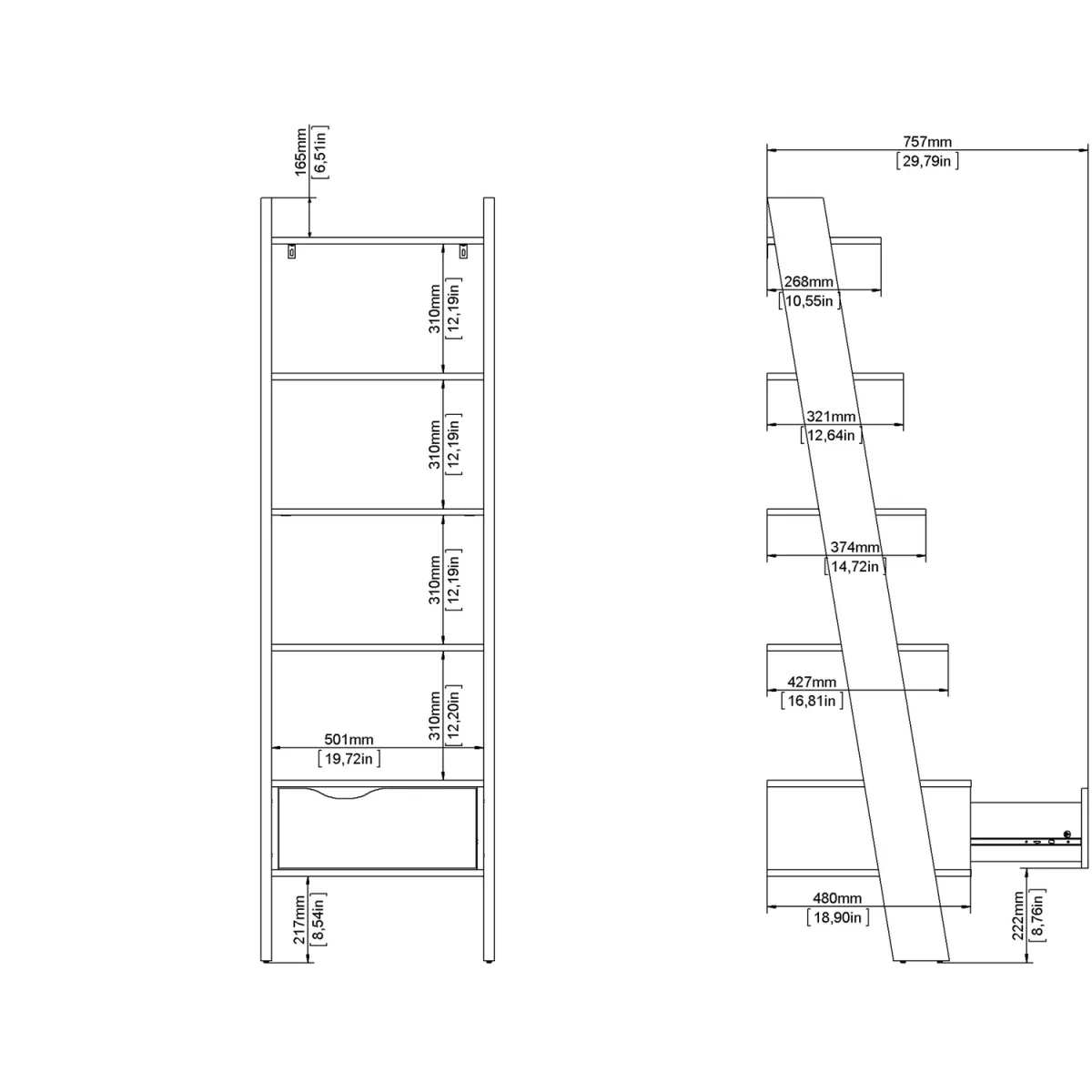 Oslo Leaning Bookcase 1 Drawer in White and Oak - White & Oak – image 9