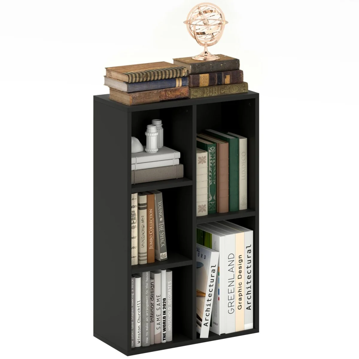 Vakeri Wood Black 2-Tier Bookcase - 5 Open Storage Compartments – image 2