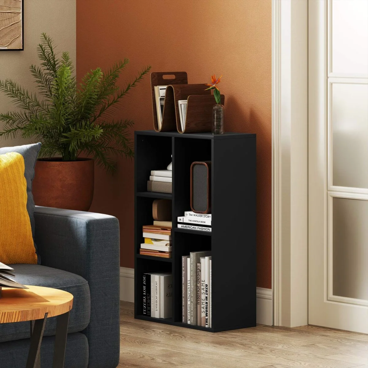 Vakeri Wood Black 2-Tier Bookcase - 5 Open Storage Compartments – image 3