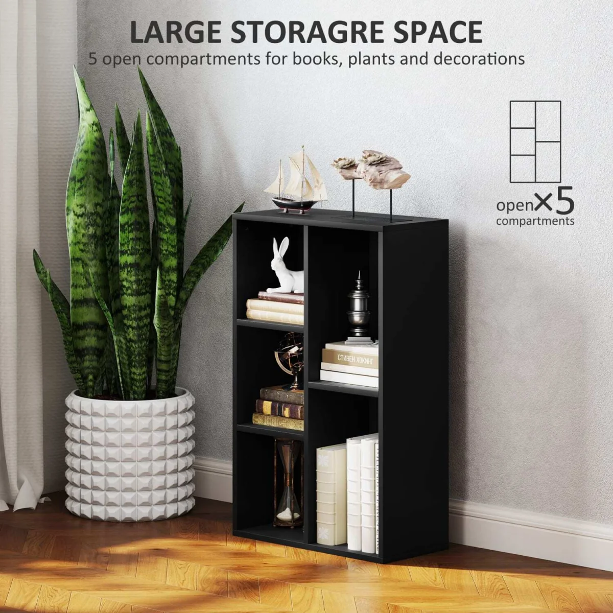 Vakeri Wood Black 2-Tier Bookcase - 5 Open Storage Compartments – image 5