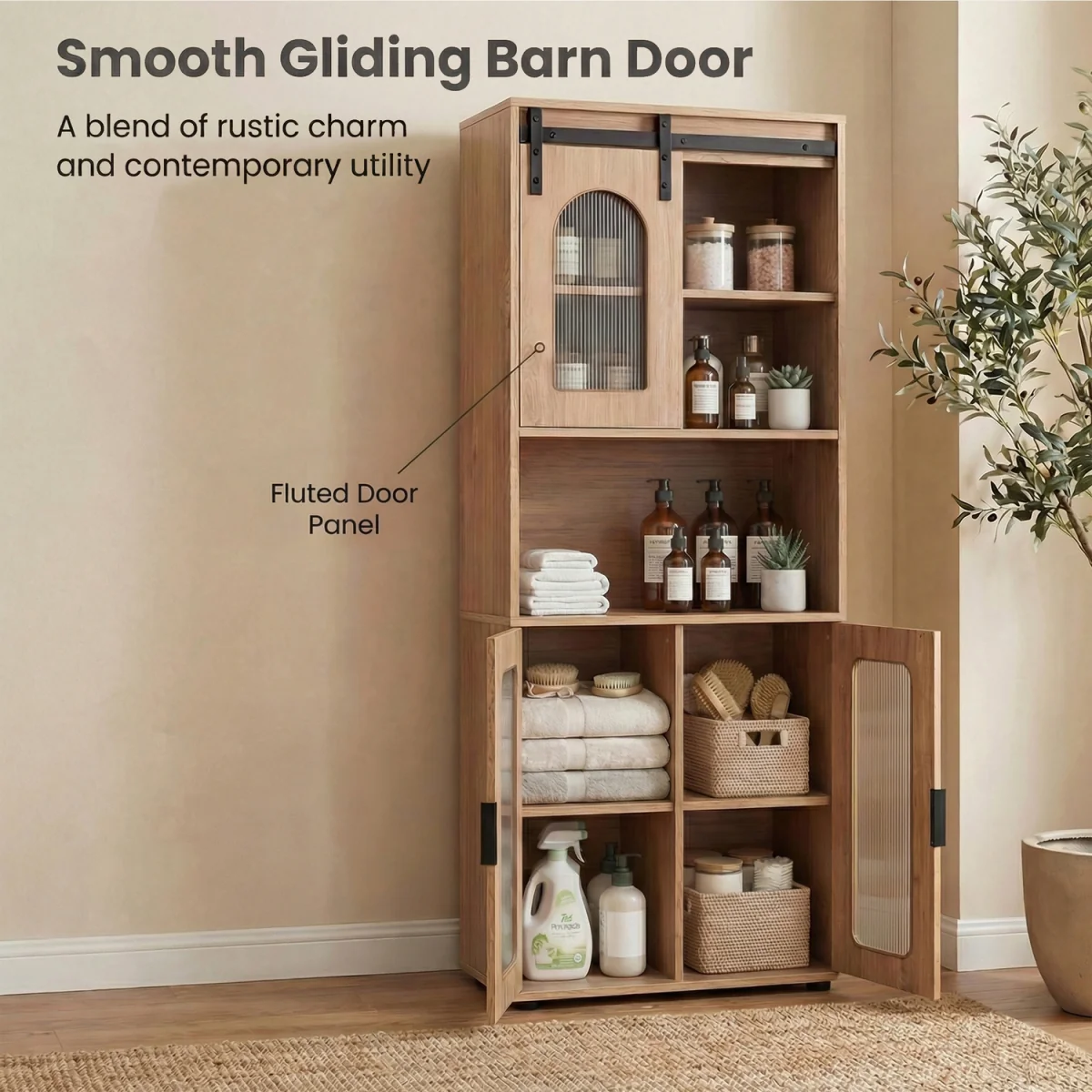 Freestanding Storage Organizer with Door and Shelves - Natural – image 5