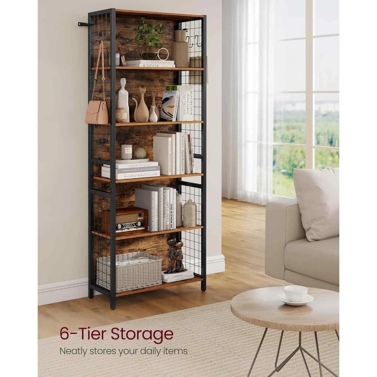 6 Tier Industrial Bookcase with 4 Hooks, Brown - Rustic Brown, Ink Black – image 2