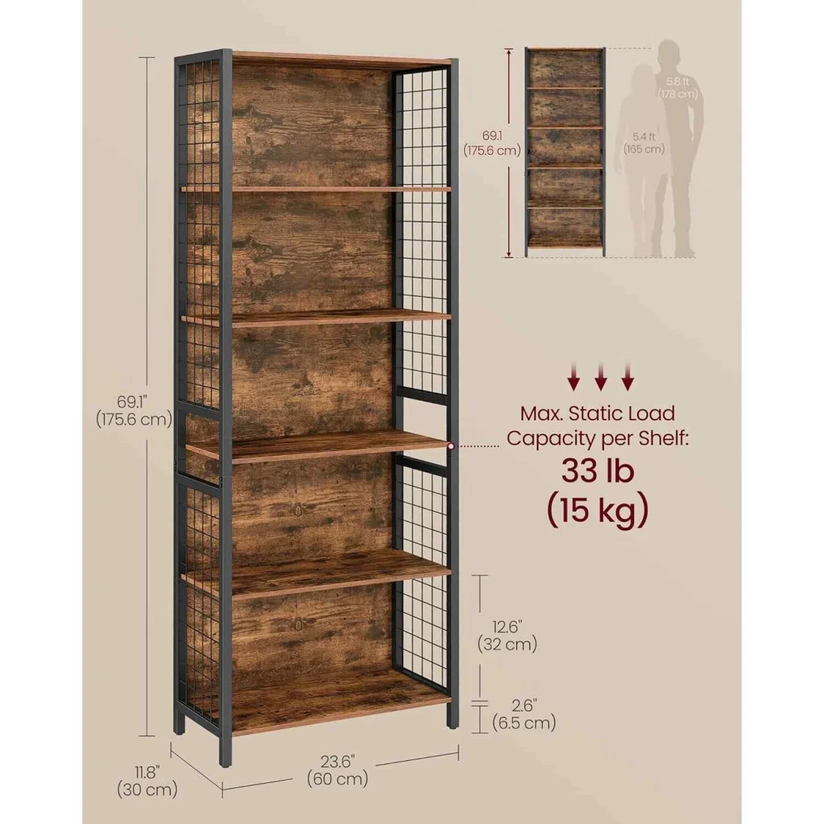 6 Tier Industrial Bookcase with 4 Hooks, Brown - Rustic Brown, Ink Black – image 3