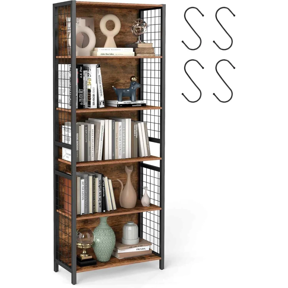 6 Tier Industrial Bookcase with 4 Hooks, Brown - Rustic Brown, Ink Black – image 4
