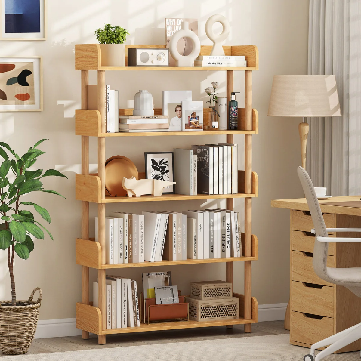 Modern Bookcase with Elevated Guardrails - Natural – image 4