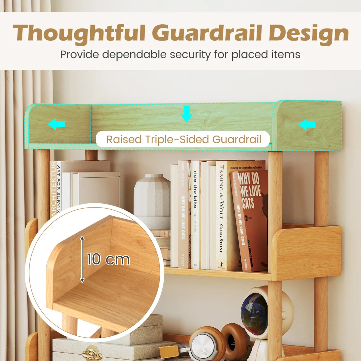 Modern Bookcase with Elevated Guardrails - Natural – image 8