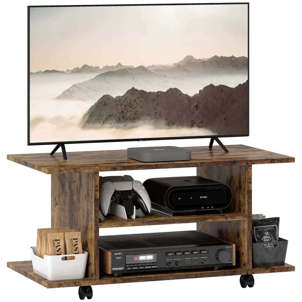 Rinael 80cm Rustic Brown Mobile TV Storage Unit with Shelves and Bookcase Design – image 3