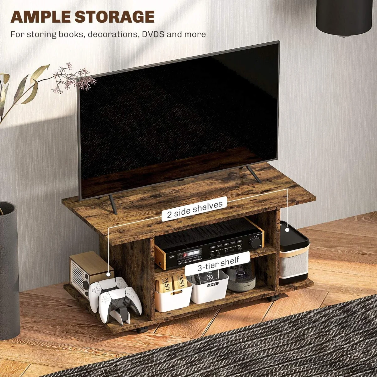 Rinael 80cm Rustic Brown Mobile TV Storage Unit with Shelves and Bookcase Design – image 5