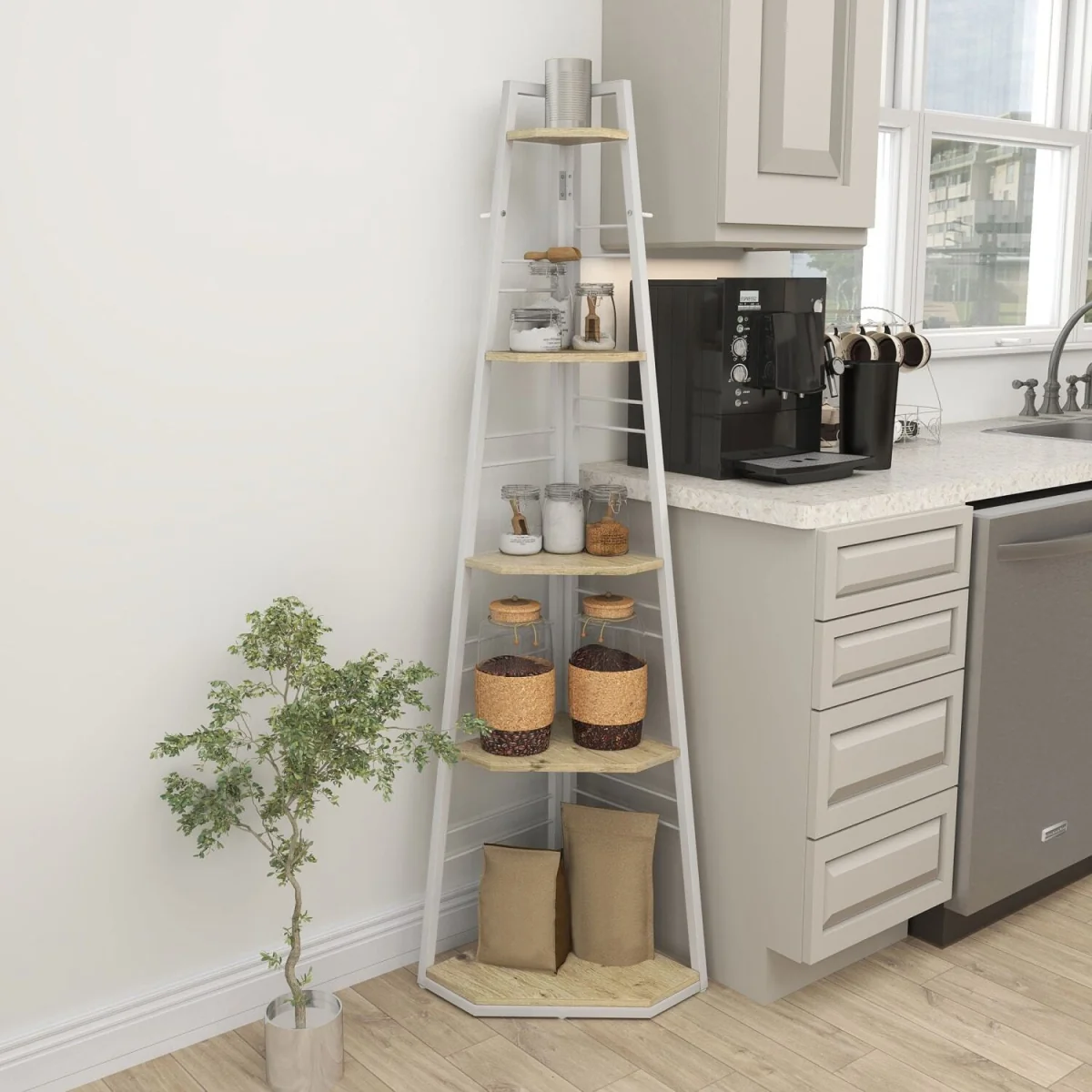 Hetto Wood White and Wood Effect 5-Tier Corner Shelving Unit – image 2