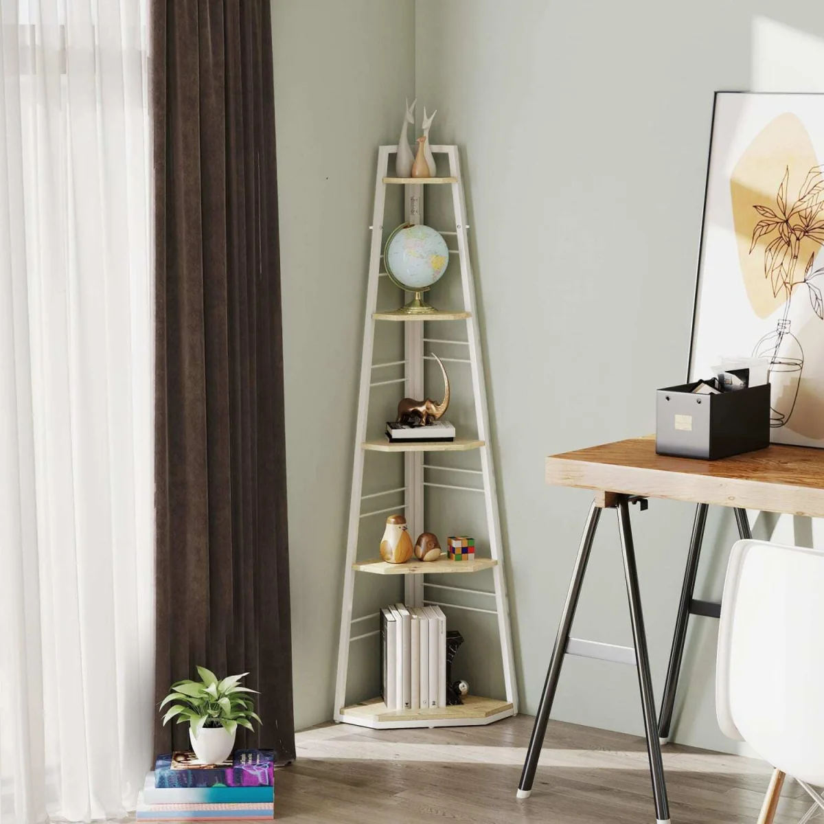 Hetto Wood White and Wood Effect 5-Tier Corner Shelving Unit – image 4