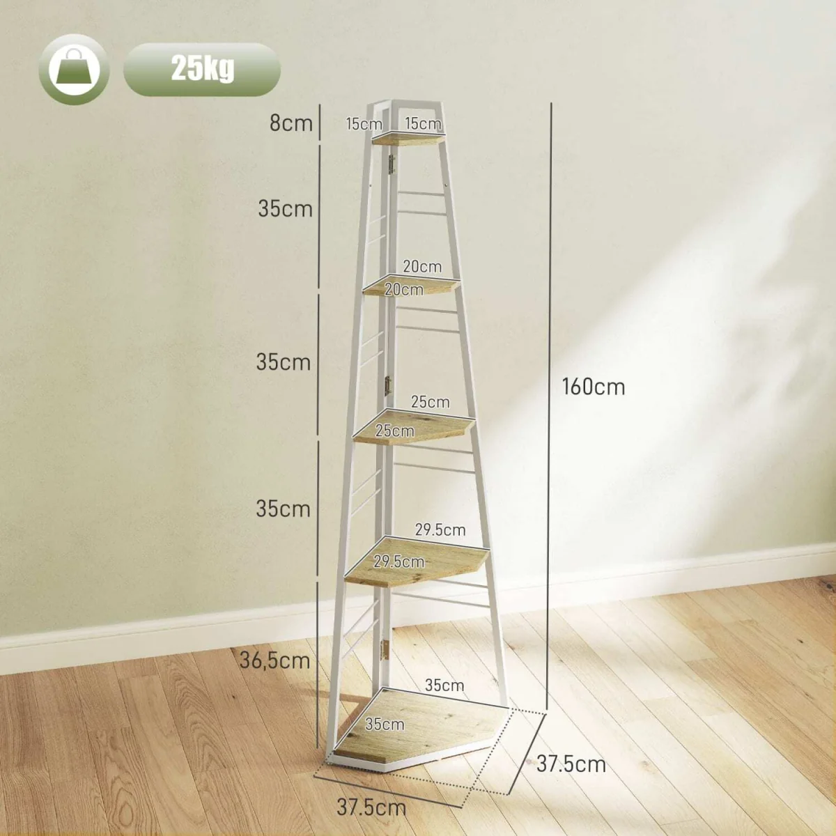 Hetto Wood White and Wood Effect 5-Tier Corner Shelving Unit – image 5