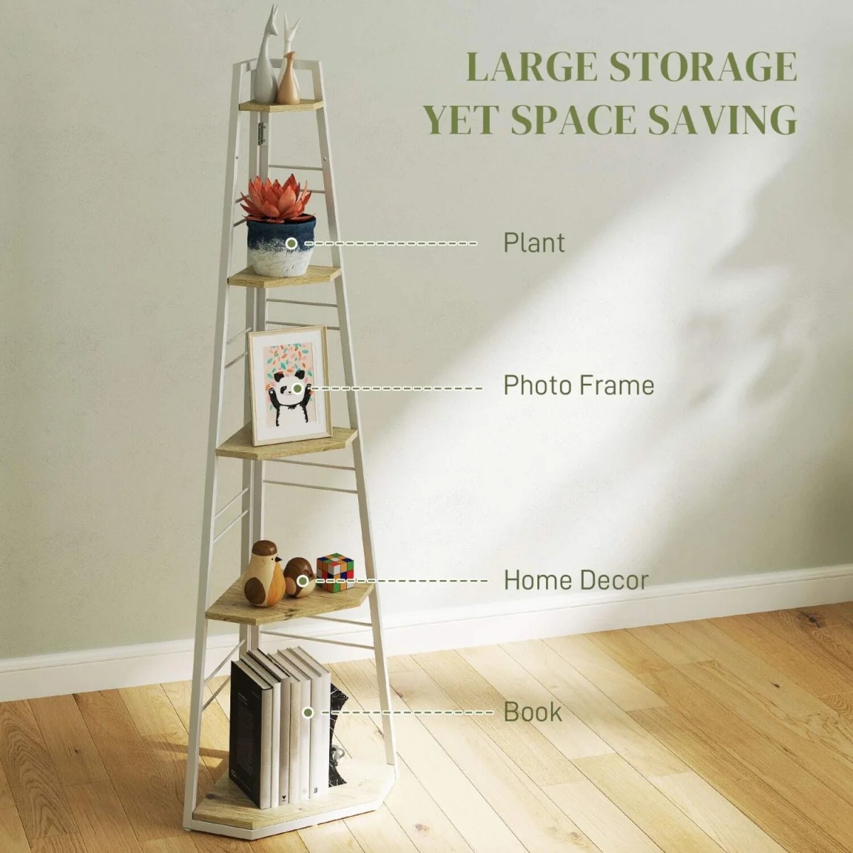 Hetto Wood White and Wood Effect 5-Tier Corner Shelving Unit – image 6