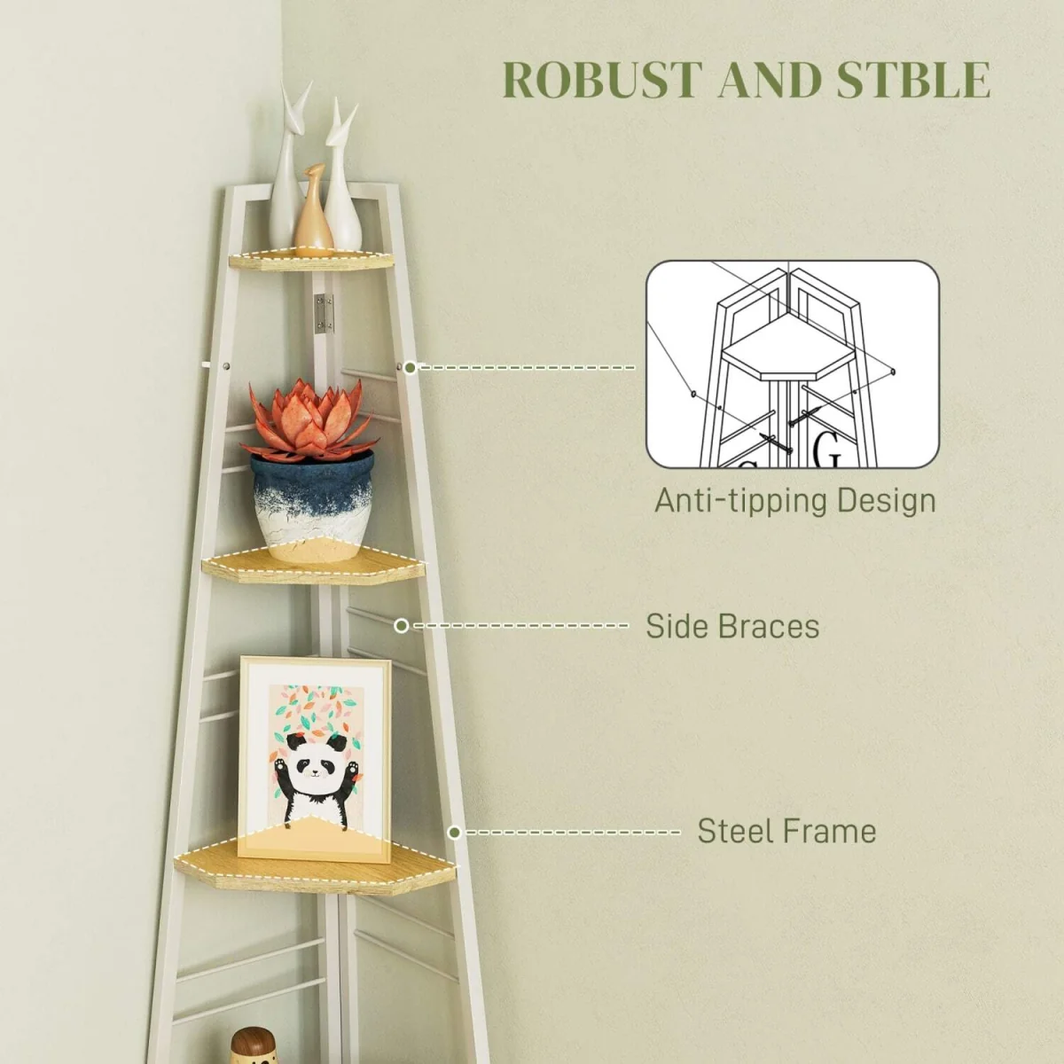 Hetto Wood White and Wood Effect 5-Tier Corner Shelving Unit – image 7