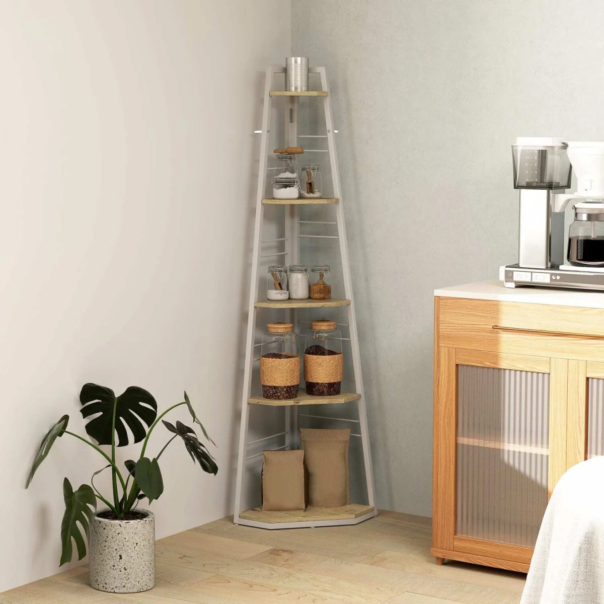 Hetto Wood White and Wood Effect 5-Tier Corner Shelving Unit – image 10