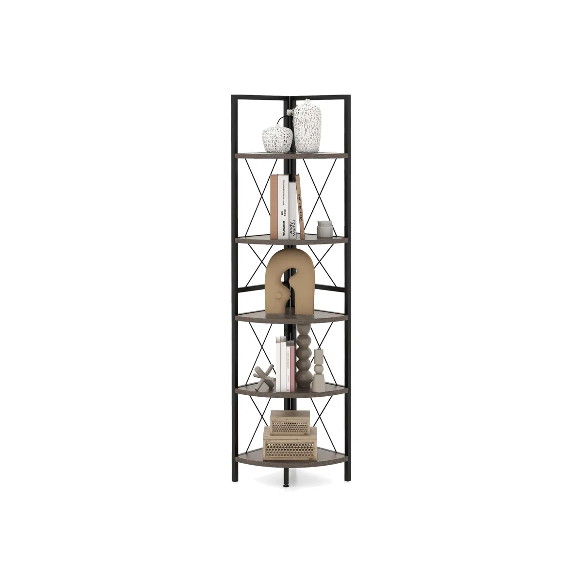5 tier Corner Bookshelf Tall Corner Storage Shelves - Oak