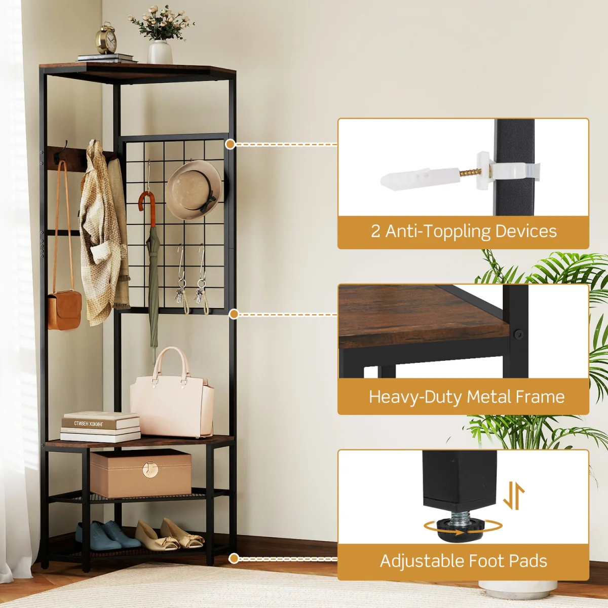 Freestanding Corner Hall Tree with Storage Shelves - Brown – image 2