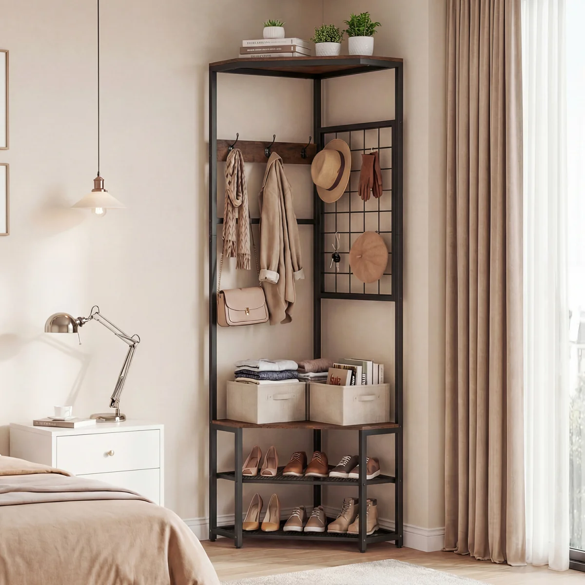 Freestanding Corner Hall Tree with Storage Shelves - Brown – image 4