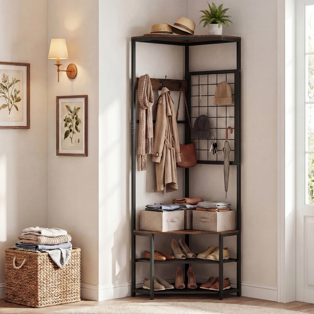 Freestanding Corner Hall Tree with Storage Shelves - Brown – image 5