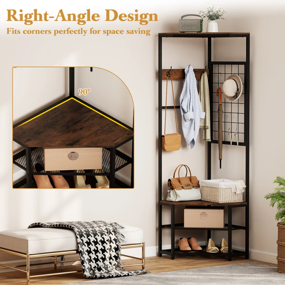 Freestanding Corner Hall Tree with Storage Shelves - Brown – image 6