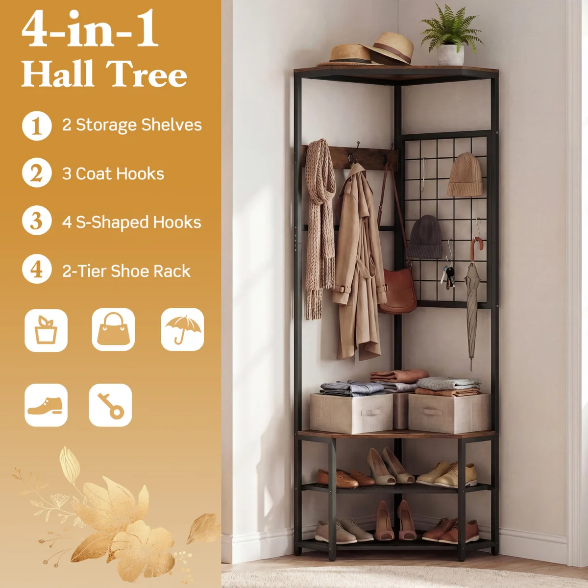Freestanding Corner Hall Tree with Storage Shelves - Brown – image 7