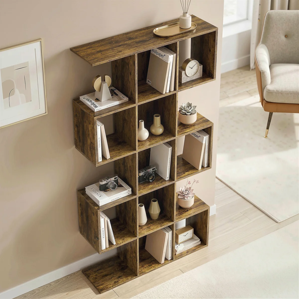 HOMCOM Geometric Bookshelf 5 Tier S Shaped Bookcase - Rustic Brown – image 2