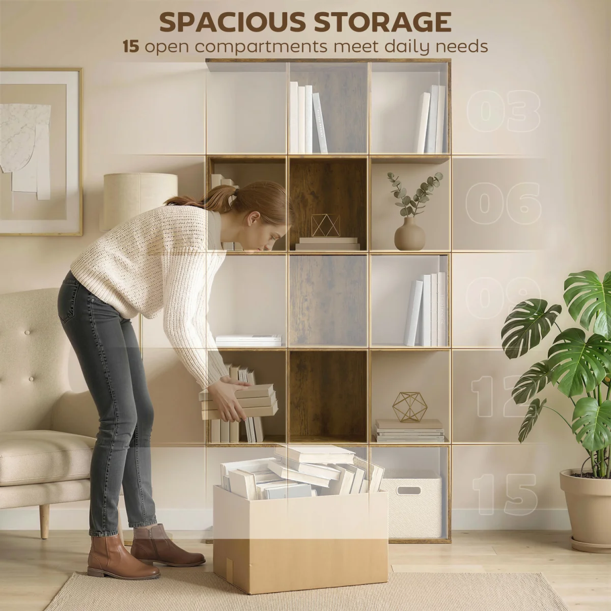 HOMCOM Geometric Bookshelf 5 Tier S Shaped Bookcase - Rustic Brown – image 6