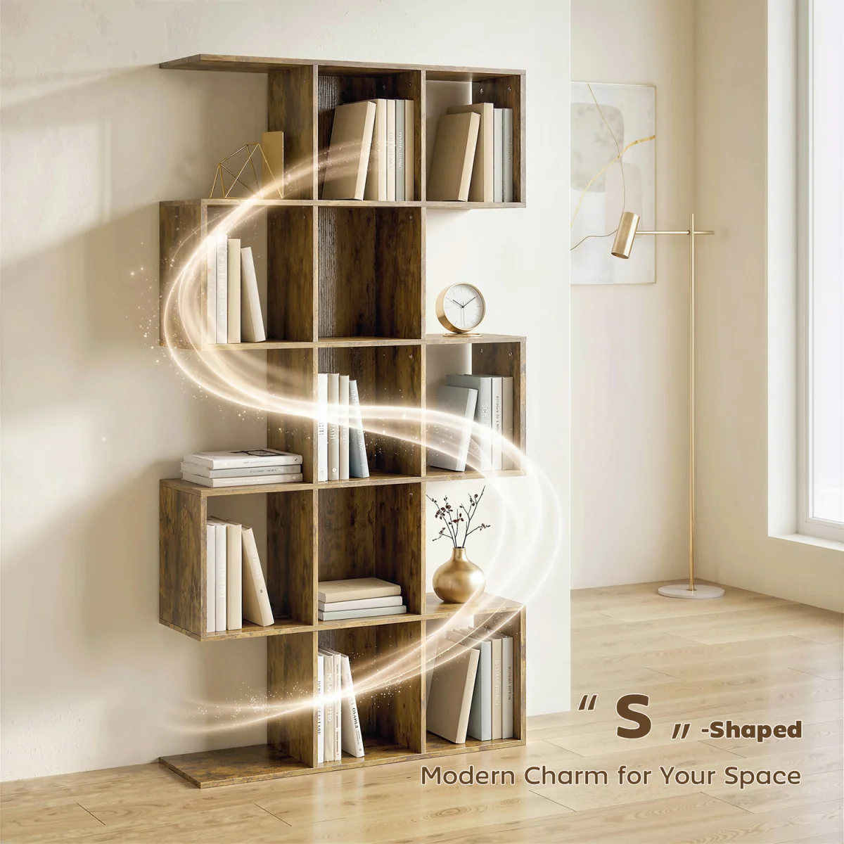 HOMCOM Geometric Bookshelf 5 Tier S Shaped Bookcase - Rustic Brown – image 7