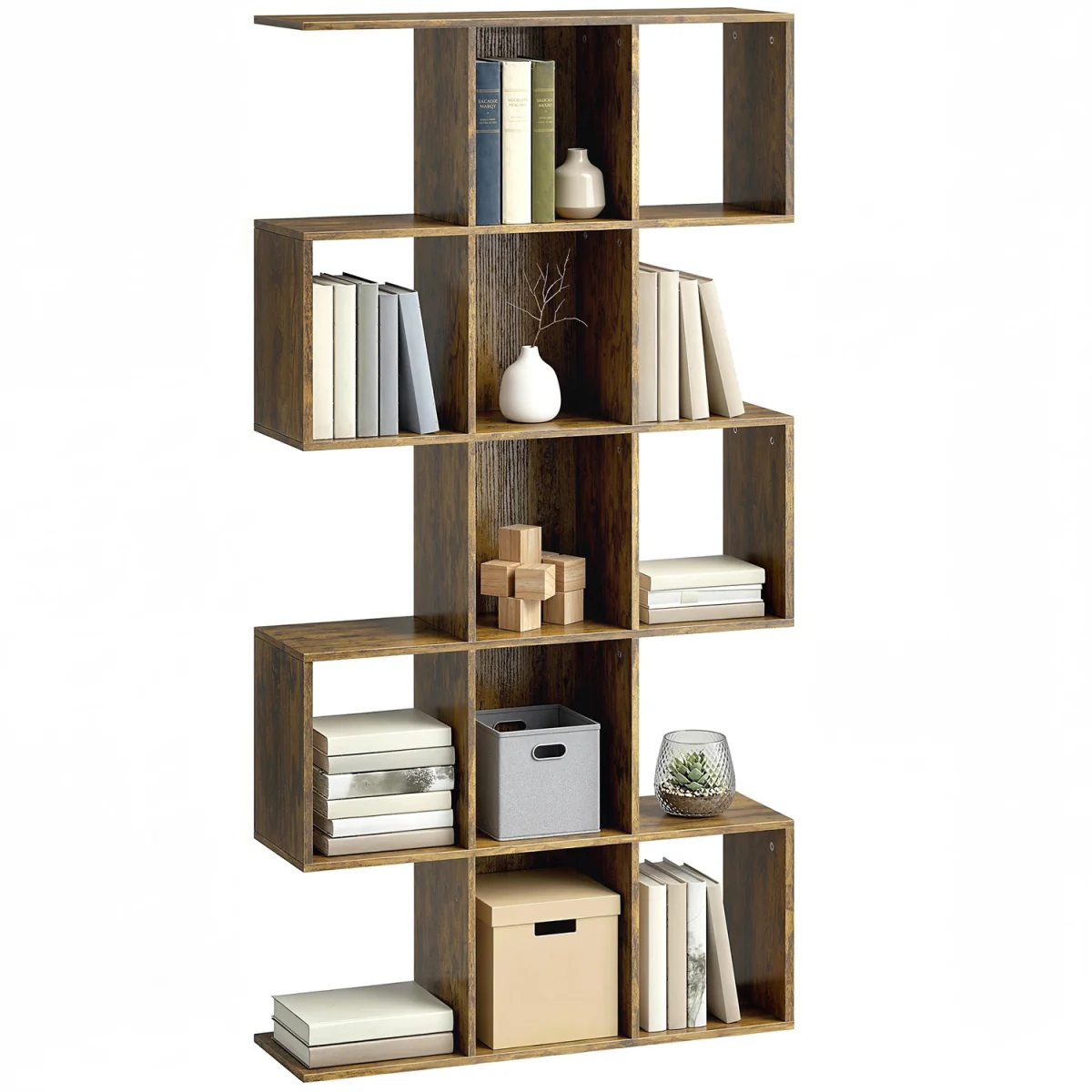 HOMCOM Geometric Bookshelf 5 Tier S Shaped Bookcase - Rustic Brown – image 8