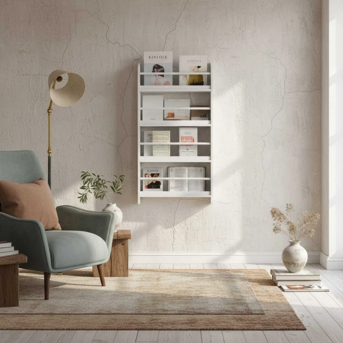 Vivi Wood White Slim Wall-Mounted Bookshelf, 15 cm Depth – image 1