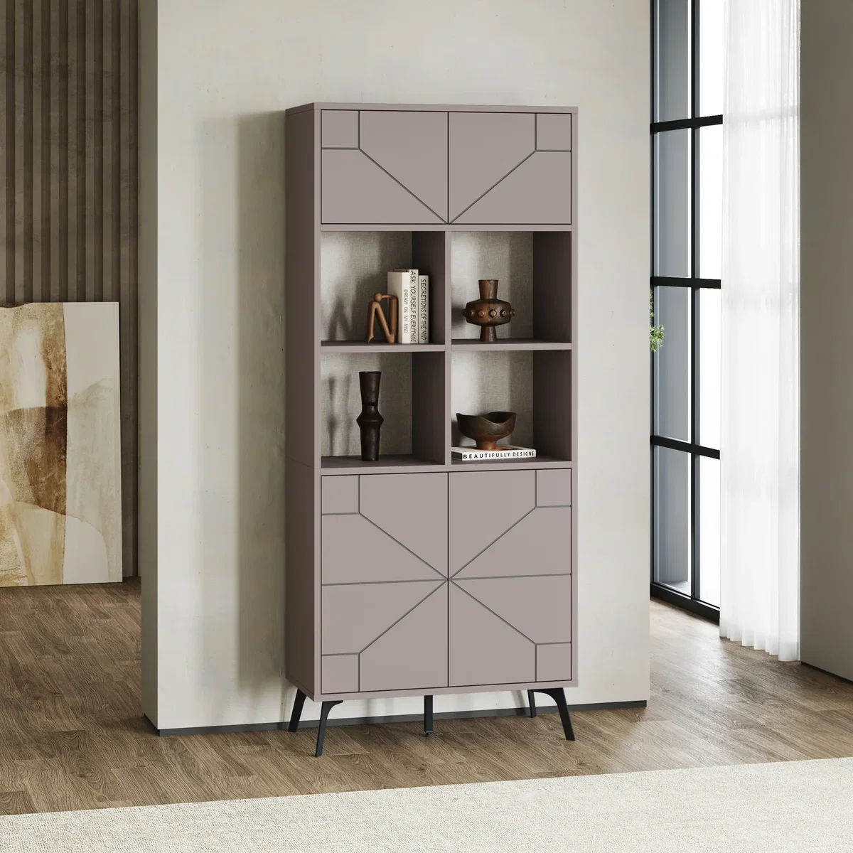 Decortie Dune Tall Bookcase With Cupboards And Open Shelving - Light Mocha – image 2