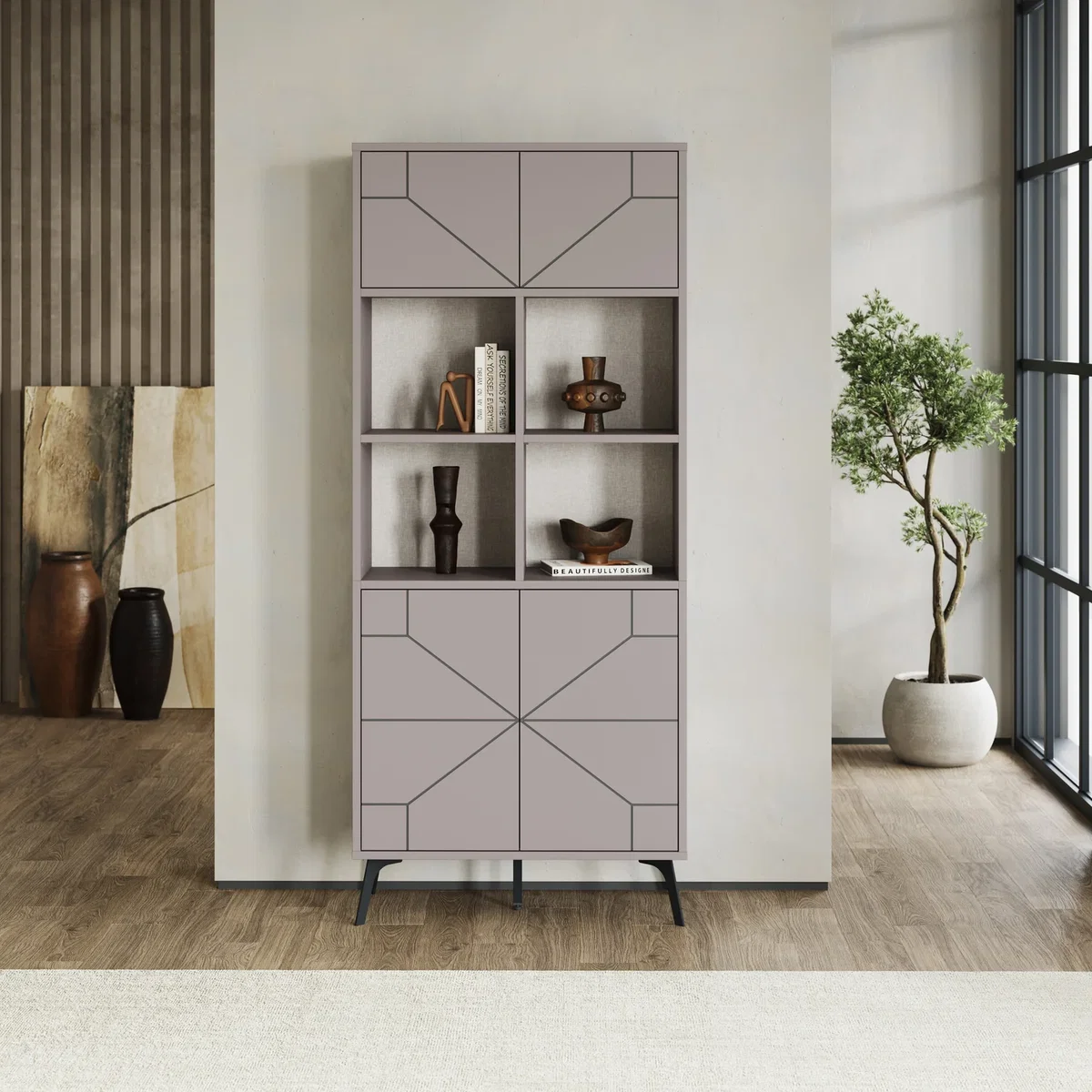 Decortie Dune Tall Bookcase With Cupboards And Open Shelving - Light Mocha – image 3