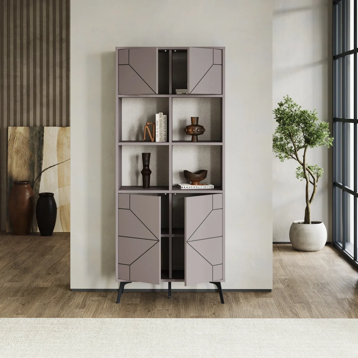 Decortie Dune Tall Bookcase With Cupboards And Open Shelving - Light Mocha – image 5