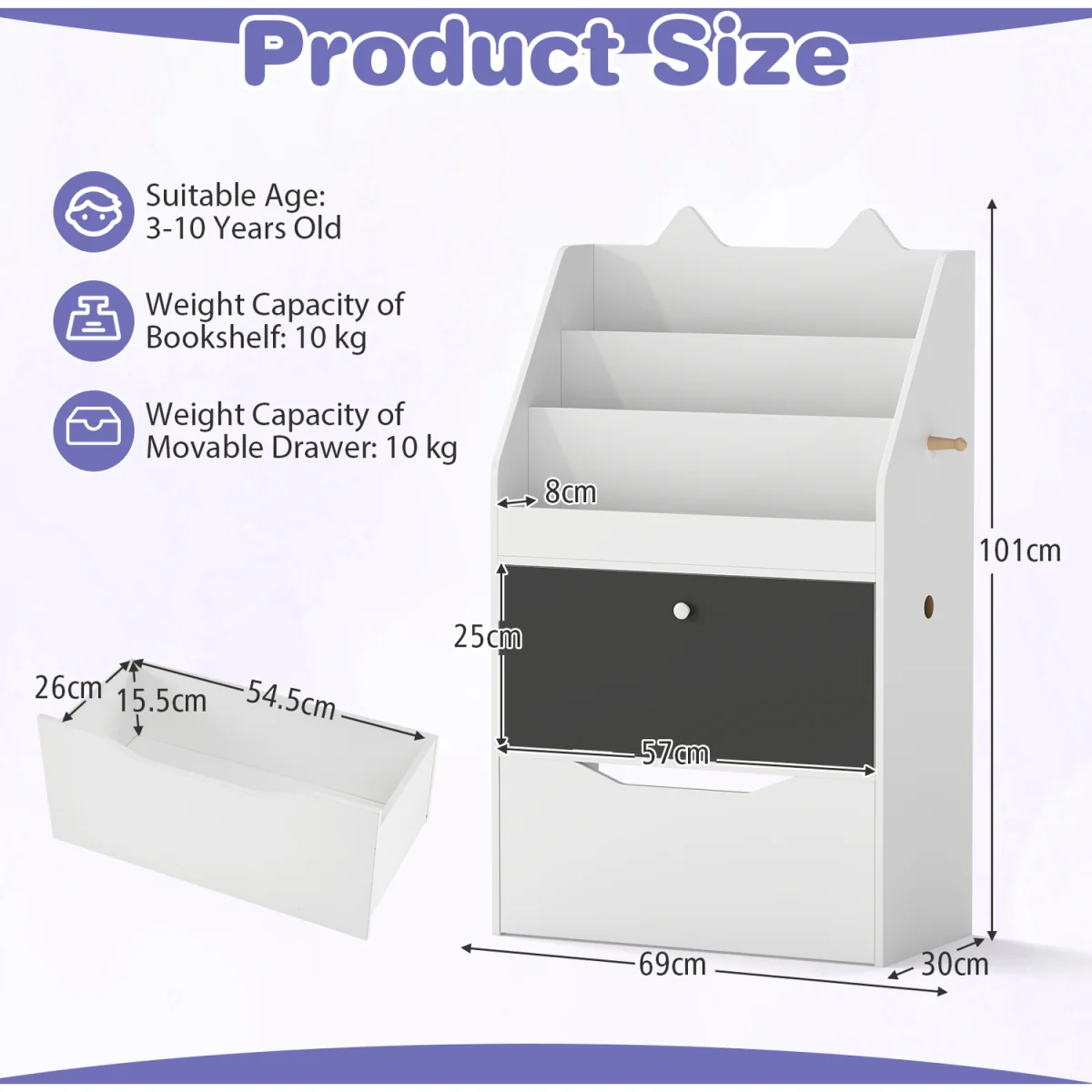 Toddler Book Rack with Movable Storage Drawer - White – image 2