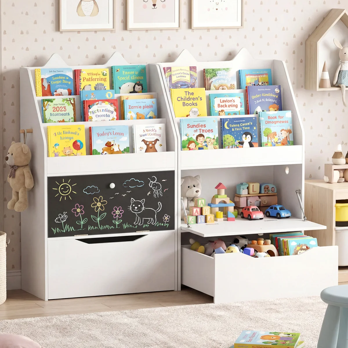 Toddler Book Rack with Movable Storage Drawer - White – image 3