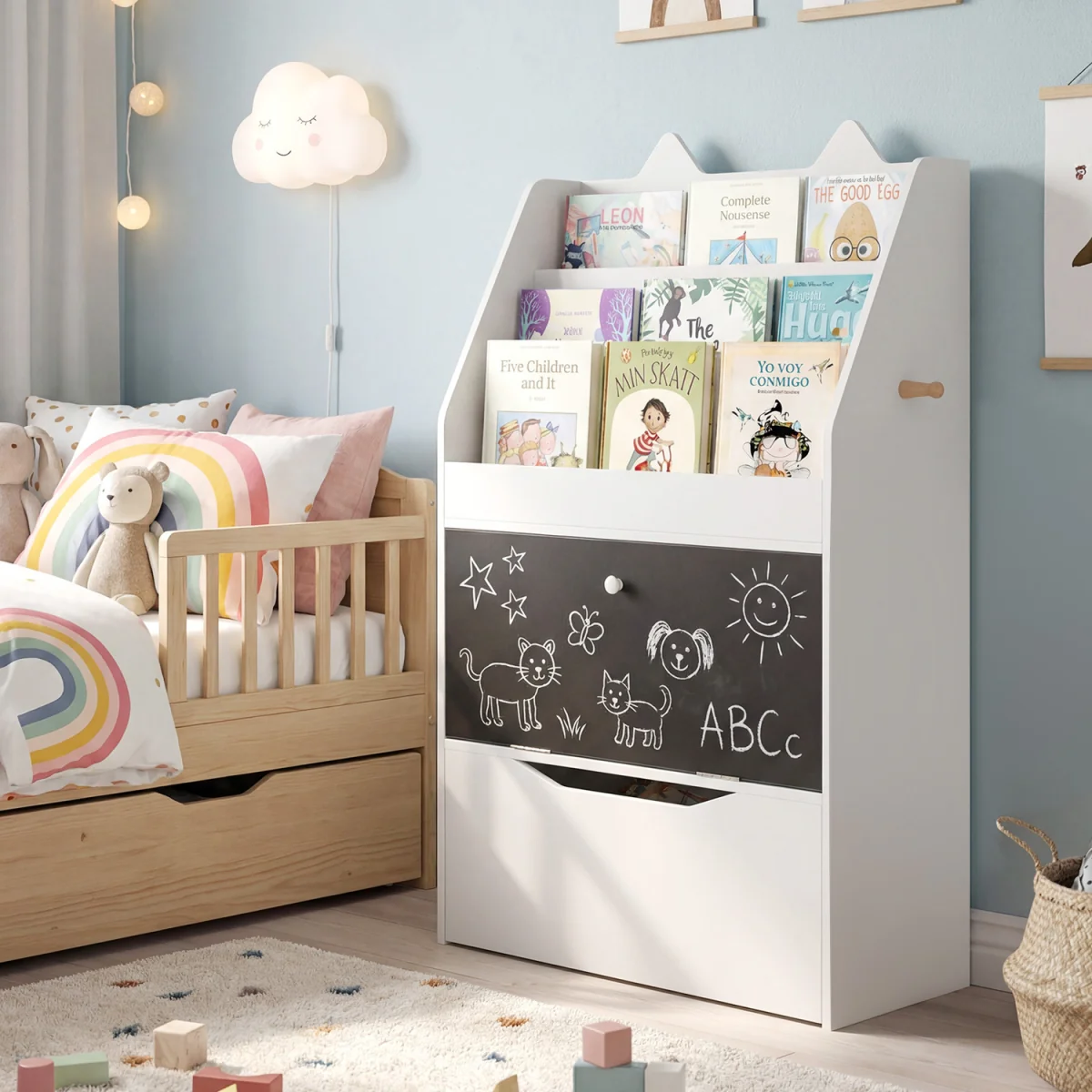 Toddler Book Rack with Movable Storage Drawer - White – image 4