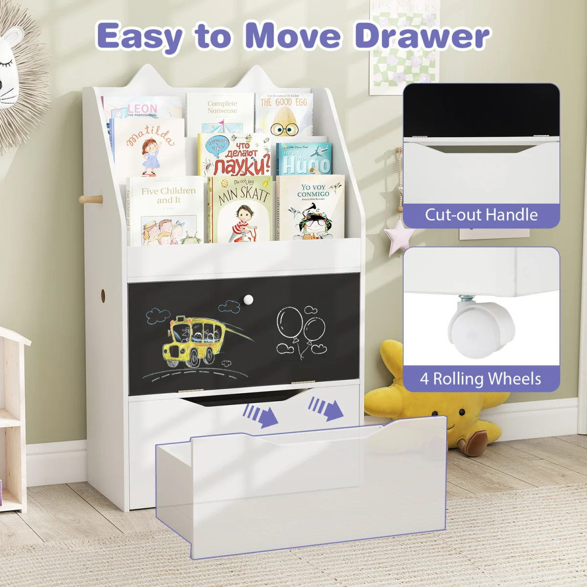 Toddler Book Rack with Movable Storage Drawer - White – image 5