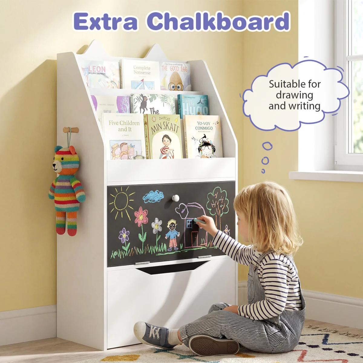 Toddler Book Rack with Movable Storage Drawer - White – image 6